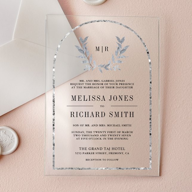 Invitaciones Acrílicas Corona de Laurel Plateado Hojas Boda (Subido por el creador)