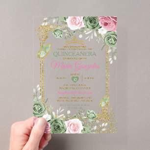 Invitaciones Acrílicas Corona de mariposa de quinceañera verde salvia ros