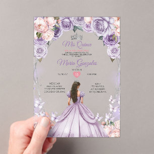 Invitaciones Acrílicas Corona de Mis Quince 15 Años Quinceañera Lila Rosa
