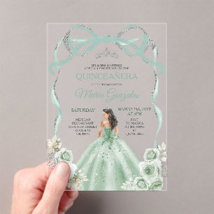 Invitaciones Acrílicas Corona de plata de princesa de lazo verde salvia Q