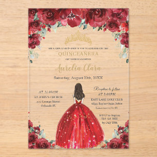 Invitaciones Acrílicas Corona de Princesa de Rosas Florales Rojas Chic Qu