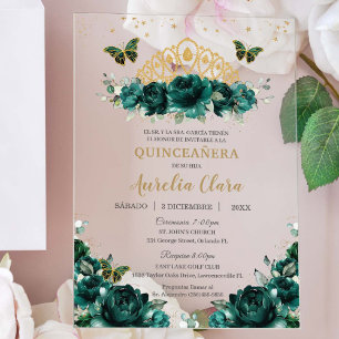 Invitaciones Acrílicas Corona de princesa floral verde esmeralda