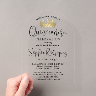 Invitaciones Acrílicas Corona de Quinceañera Dorada Chic Moderna con Letr