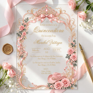 Invitaciones Acrílicas Corona de quinceañera elegante rosa y dorado