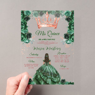 Invitaciones Acrílicas Corona de Rosa de Oro Floral Verde Esmeralda Mis Q