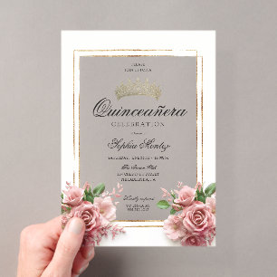 Invitaciones Acrílicas Corona de Rosa Dorada Quinceañera
