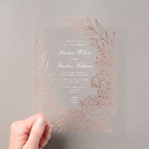 Invitaciones Acrílicas Corona de rosas de flores románticas de oro Boda