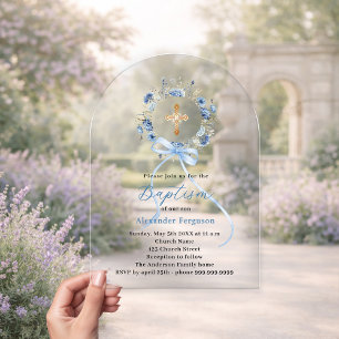 Invitaciones Acrílicas Corona floral azul de bautizo con lazo para niño