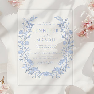 Invitaciones Acrílicas Corona floral azul elegante boda bohemio