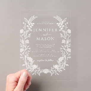 Invitaciones Acrílicas Corona floral blanca elegante boda bohemio