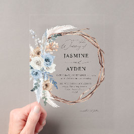 Invitaciones Acrílicas Corona floral boho azul y beige para boda