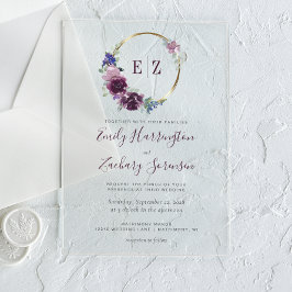 Invitaciones Acrílicas Corona floral de acuarela púrpura con monograma pa