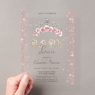 Invitaciones Acrílicas Corona floral de confeti con brillo para baby show