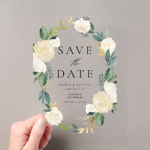 Invitaciones Acrílicas Corona floral de marfil con Save the Date de lámin