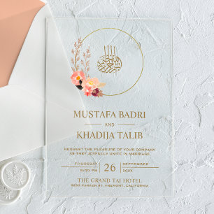 Invitaciones Acrílicas Corona floral de melocotón moderna Boda musulmana 