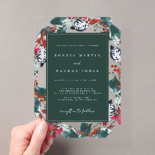 Invitaciones Acrílicas Corona floral de Navidad verde rojo boda clara