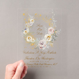 Invitaciones Acrílicas corona floral dorada caprichosa foto guardar la fe
