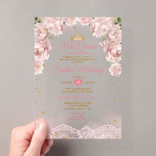Invitaciones Acrílicas Corona Mis Quince Rosa Dorada Mariposa Quinceañera
