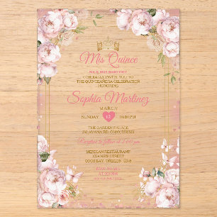 Invitaciones Acrílicas Corona Mis Quince Rosa Mariposa Quinceañera Dorada