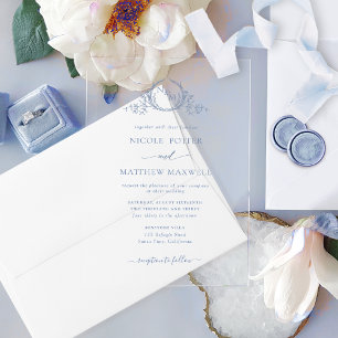 Invitaciones Acrílicas Corona Real de Monograma de Elegante Azul Polvorie