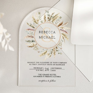 Invitaciones Acrílicas Corona rústica boho de hierba de pampas y ampersan