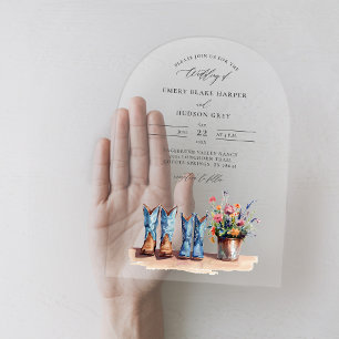 Invitaciones Acrílicas Country Boots Wildflowers Arch Clear Boda