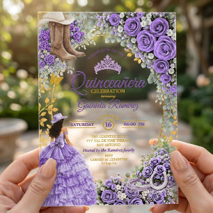 Invitaciones Acrílicas Country Western Lavender Rosas Doradas Quinceañera