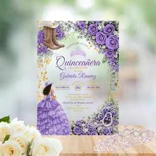Invitaciones Acrílicas Country Western Lavender Rosas Doradas Quinceañera