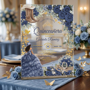 Invitaciones Acrílicas Country Western Navy Rosas Azules Doradas Quinceañ