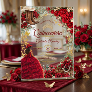Invitaciones Acrílicas Country Western Rosas Rojas Doradas Quinceañera