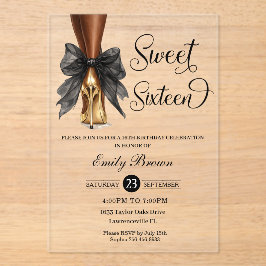 Invitaciones Acrílicas Couquette Black Ribbon Bow Fashion Heels Sweet 16 