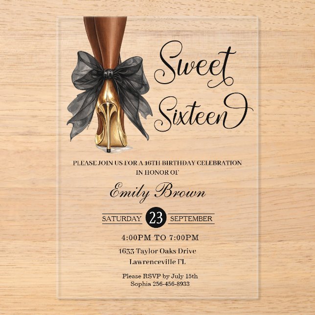 Invitaciones Acrílicas Couquette Black Ribbon Bow Fashion Heels Sweet 16  (Anverso)