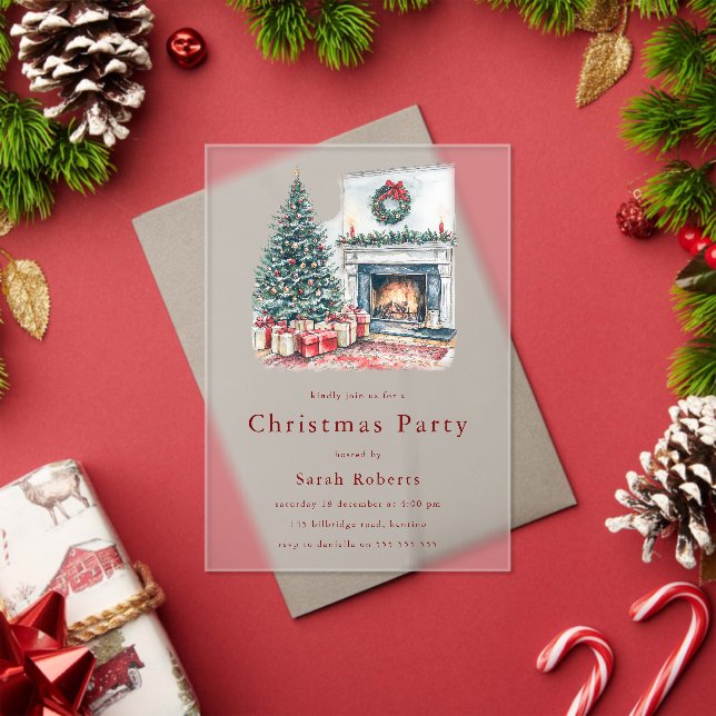 Invitaciones Acrílicas Cozy Christmas Tree & Fireplace Christmas Party  (Insitu (Vacaciones))