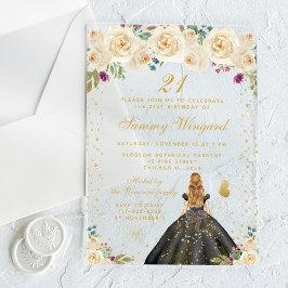 Invitaciones Acrílicas Cream Floral Blonde Hair Princess Fiesta de cumple