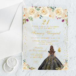 Invitaciones Acrílicas Cream Floral Brunette Hair Princess Fiesta de cump