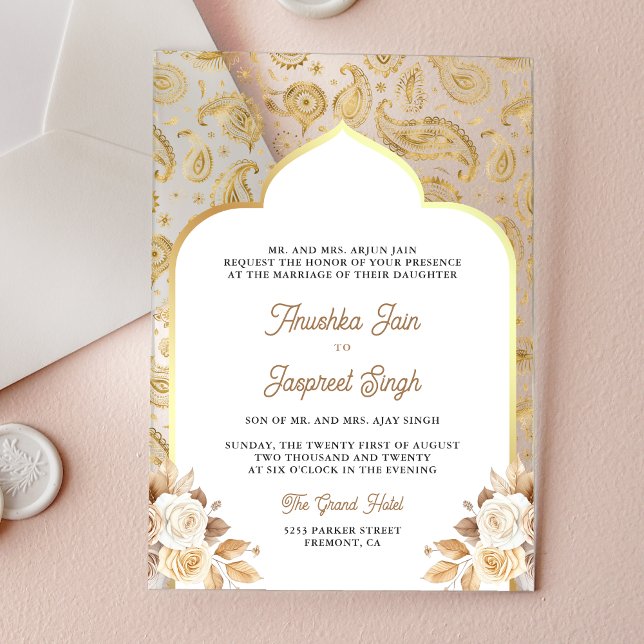 Invitaciones Acrílicas Cream Gold Paisley Floral Indian Wedding (Subido por el creador)