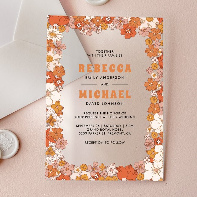 Invitaciones Acrílicas Cream Orange Groovy Retro Wildflower Wedding (Subido por el creador)
