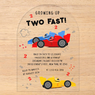 Invitaciones Acrílicas Creciendo Dos Veloz Cumpleaños 2 Autos de Carreras