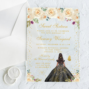 Invitaciones Acrílicas Crema Floral Piel Oscura Princesa Dulce Dieciséis