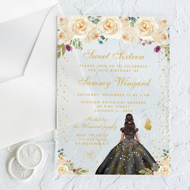 Invitaciones Acrílicas Crema Floral Piel Oscura Princesa Dulce Dieciséis (Subido por el creador)