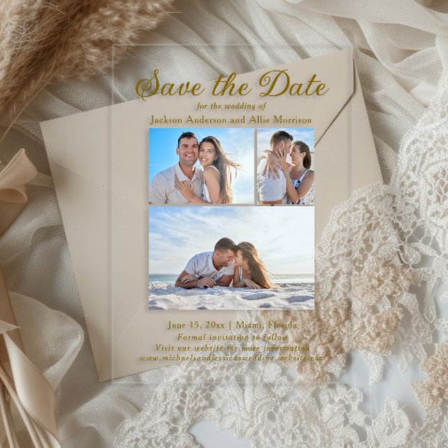 Invitaciones Acrílicas Crema moderna 4 Foto 2 Boda de arco lateral (3-Photo wedding acrylic Save the Date card)