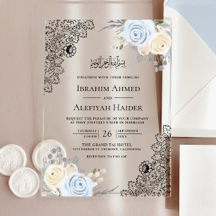 Invitaciones Acrílicas Crema Rústica Azul Suave Encaje Floral Musulmán Bo