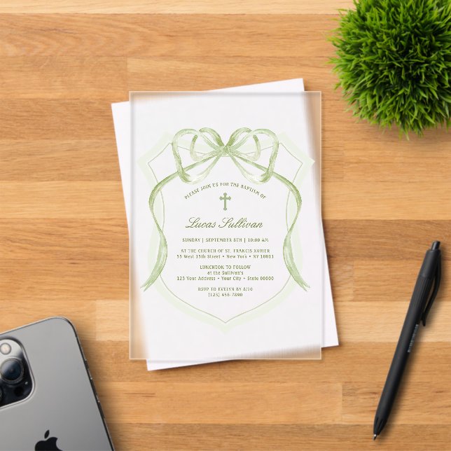 Invitaciones Acrílicas Crest de arco verde salvia Bautizo (Insitu (Tarjeta de Invitación))