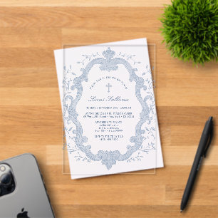 Invitaciones Acrílicas Crest de Foliaje Azul Elegante Bautizo