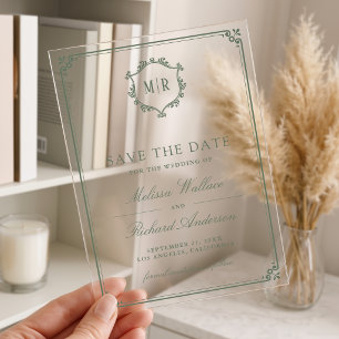 Invitaciones Acrílicas Crest de monograma verde salvia boda guardar la fe