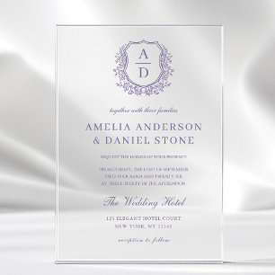Invitaciones Acrílicas Crest Floral de Monograma de Boda Lavanda Púrpura