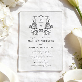Invitaciones Acrílicas Crest Floral Elegante Monograma de Boda