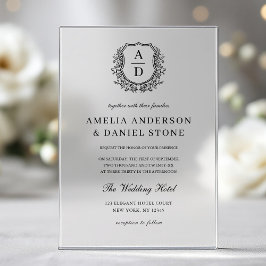Invitaciones Acrílicas Crest Floral Formal Monograma de Boda Elegante