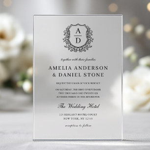 Invitaciones Acrílicas Crest Floral Formal Monograma de Boda Elegante