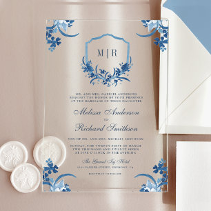 Invitaciones Acrílicas Crest Floral Monograma Azul de Boda